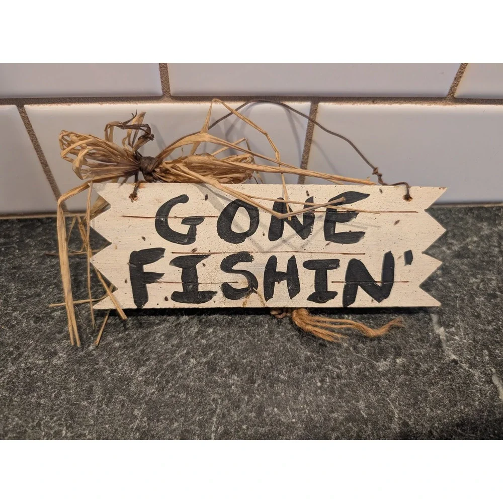 Vintage 1994 Janet Hand Painted Gone Fishin Wooden Sign Rustic Cabin Wall Decor